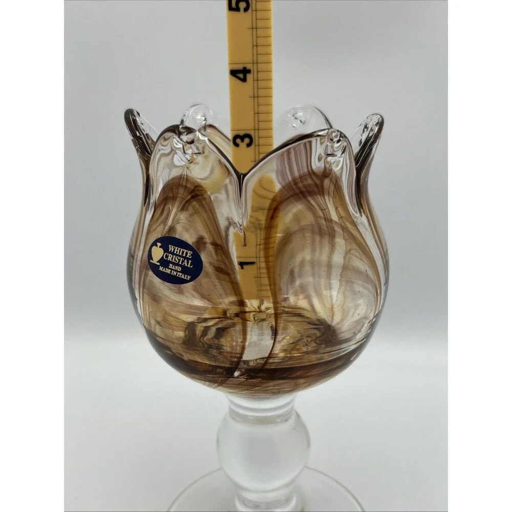 MURANO Italy Hand Blown White Cristal Light Amber Art Glass Petal Vase Bowl